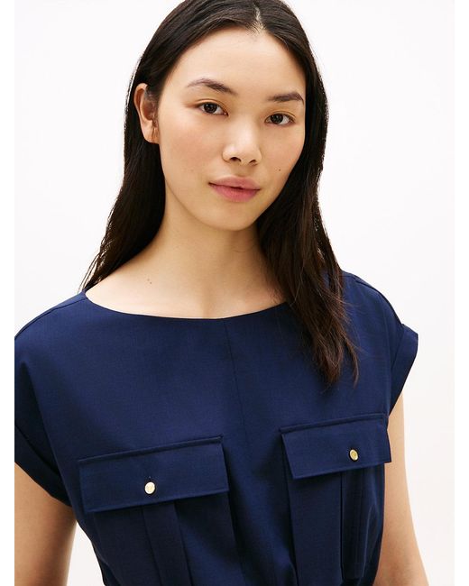 Tommy Hilfiger Blue Belted Relaxed Midi Dress With Wool