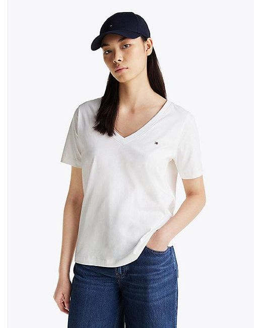 Tommy Hilfiger T-Shirt Met V-Hals En Geborduurde Vlag in het White