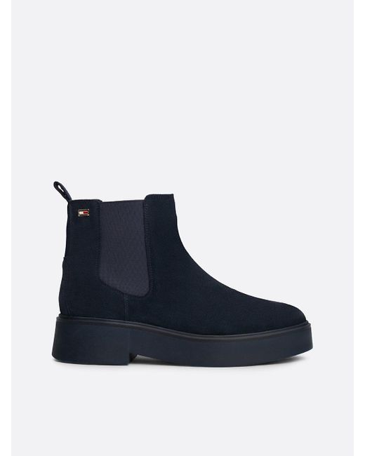 Tommy Hilfiger Blue Suede Tonal Chunky Chelsea Boots