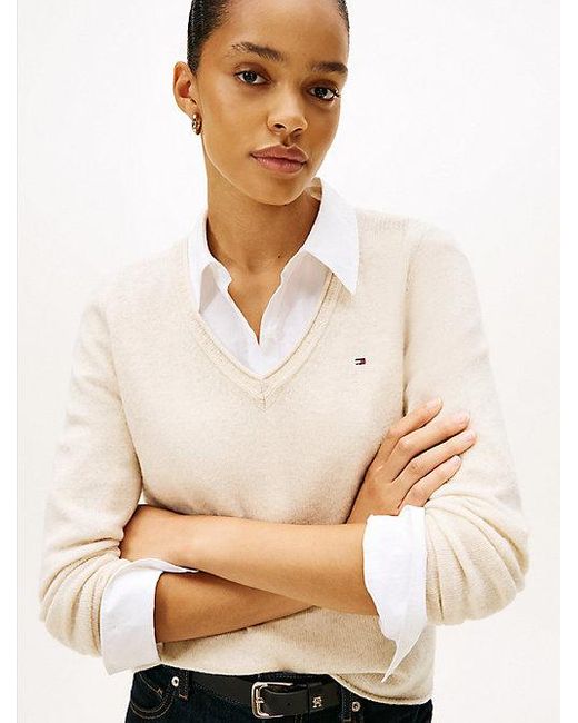 Tommy Hilfiger Trui Van Zachte Wol Met V-Hals in het White