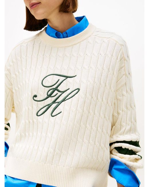 Tommy Hilfiger White Logo Embroidery Relaxed Cable Knit Jumper
