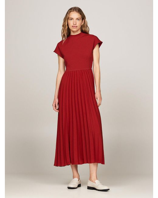 Tommy Hilfiger Red Mock Turtleneck Pleated Midi Dress