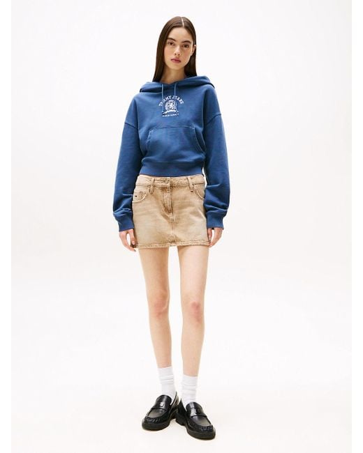 Felpa Crop Squadrata Con Cappuccio E Logo di Tommy Hilfiger in Blue
