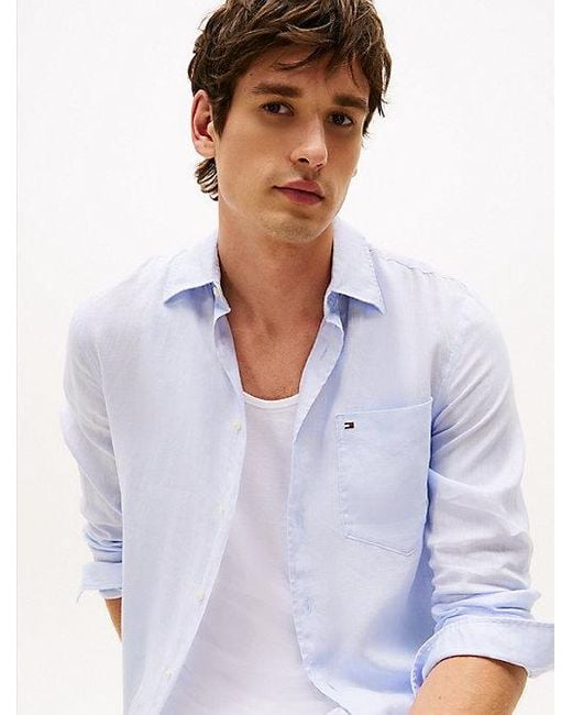 Tommy Hilfiger Regular Fit Puur Linnen Semi-Spread Overhemd in het White voor heren