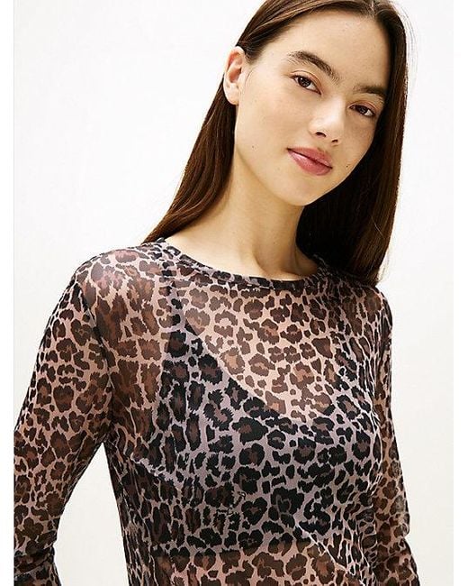 Tommy Hilfiger Mesh Top Met Lange Mouwen En Luipaardprint in het Blue