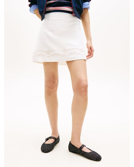 Tommy Hilfiger Blue Broderie Anglaise Mini Skirt With Linen