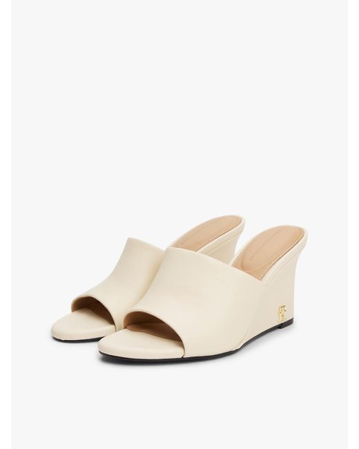 Mules Compensées En Cuir À Monogramme Th Tommy Hilfiger en coloris White
