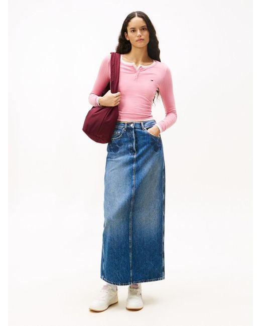 Tommy Hilfiger Blue Floral Embroidery Denim Maxi Skirt