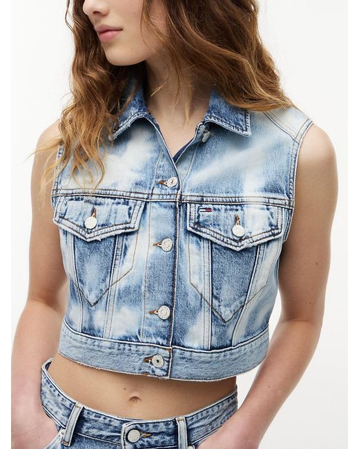 Tommy Hilfiger Blue Tie-Dye Denim Cropped Trucker Vest