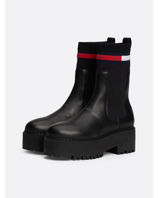 Tommy Hilfiger Black Leather Cleat Flatform Chelsea Sock Boots