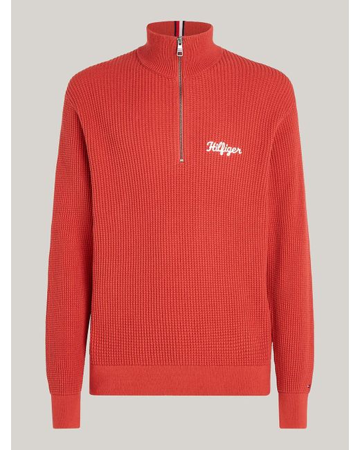 Tommy Hilfiger Red Waffle Knit Relaxed Fit Half-zip Jumper for men