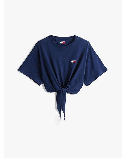Camiseta Anudada Corte Cropped Con Parche Tommy Hilfiger de color Blue