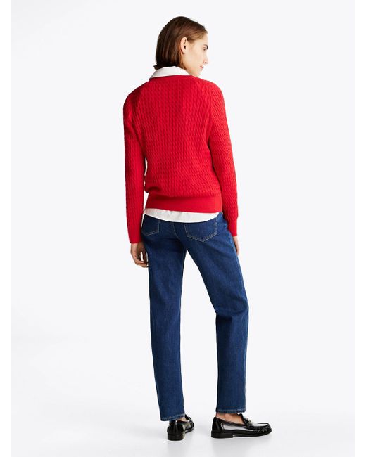 Tommy Hilfiger Red Cable Knit V-neck Jumper