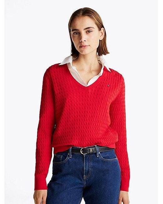 Tommy Hilfiger Kabelgebreide Trui Met V-Hals in het Red