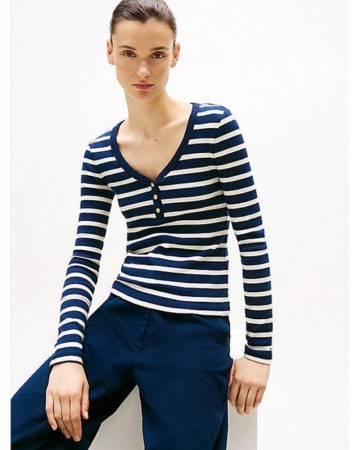 Tommy Hilfiger Slim T-Shirt Met Lange Mouwen En Henley-Hals in het Blue