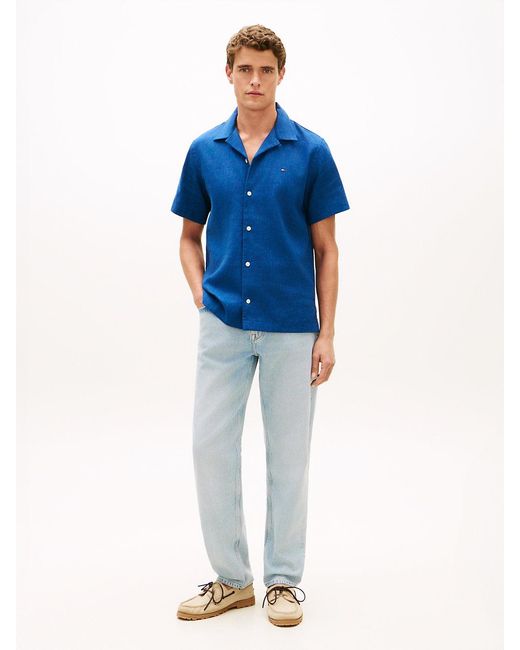 Tommy Hilfiger Blue Regular Fit Linen Blend Short Sleeve Shirt for men