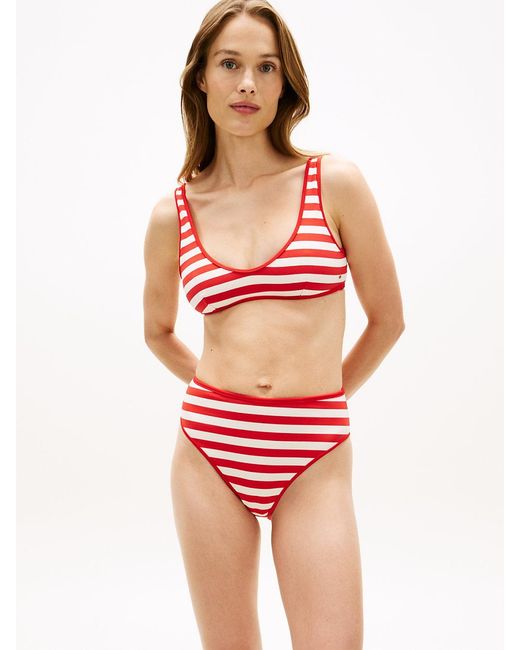 Tommy Hilfiger Red Stripe Ribbed High Rise Cheeky Bikini Bottoms