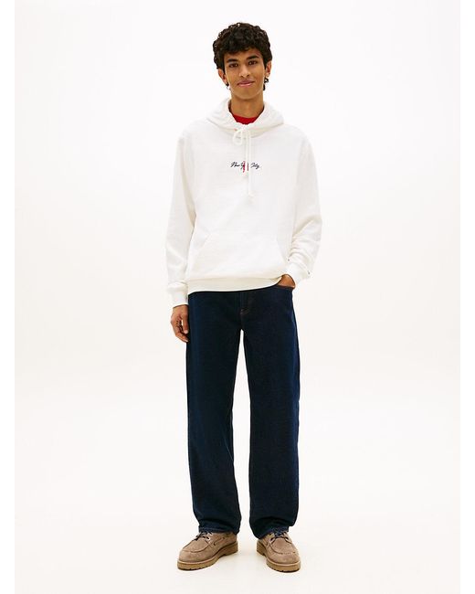 Tommy Hilfiger White Signature Back Logo Terry Drawstring Hoody for men