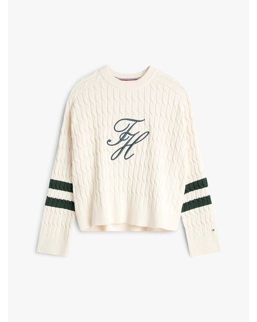 Tommy Hilfiger White Logo Embroidery Relaxed Cable Knit Jumper