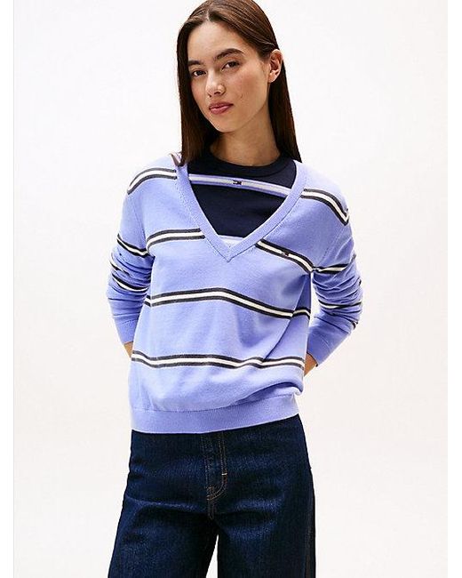 Tommy Hilfiger Trui Met V-Hals En Geborduurde Vlag in het Blue