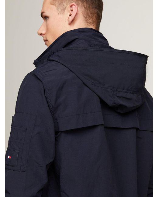 Tommy Hilfiger Blue Stand Collar Hooded Windbreaker Jacket for men