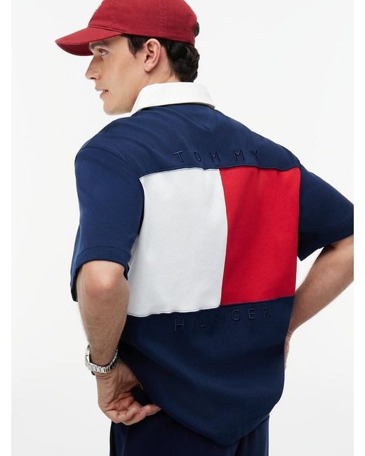 Tommy Hilfiger Blue Colour-blocked Back Logo Relaxed Polo Shirt for men