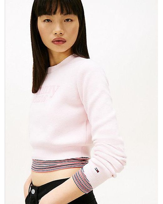 Jersey Cropped De Chenilla Con Logo Bordado Tommy Hilfiger de color White