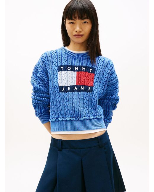 Tommy Hilfiger Blue Intarsia Flag Badge Cable Knit Jumper