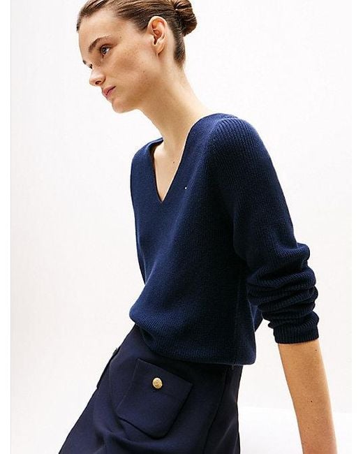 Tommy Hilfiger Kabelgebreide Trui Met V-Hals in het Blue