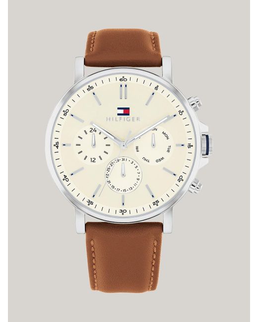 Tommy Hilfiger Natural Parchment Dial Brown Leather Strap Watch for men
