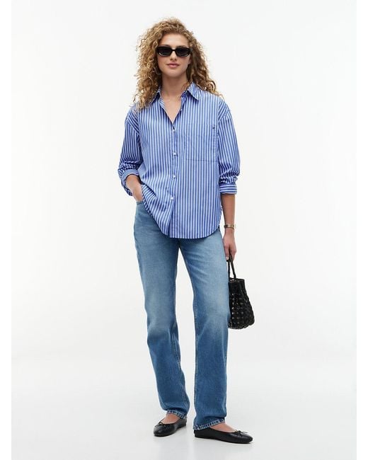 Tommy Hilfiger Blue Oversized Fit Stripe Shirttail Hem Poplin Shirt