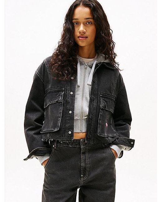 Tommy Hilfiger Cropped Denim Jack Met Onafgewerkte Zoom in het Black