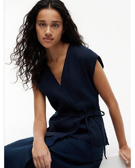 Tommy Hilfiger Blue Wickelbluse ESS LINEN WRAP TIE NS VEST Materialmix, Bindeband