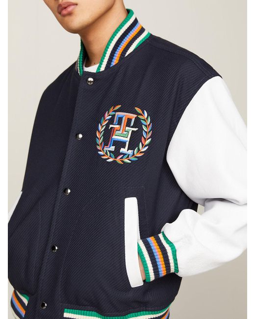 Tommy Hilfiger Blue Archive Crest Logo Leather Mix Varsity Jacket for men