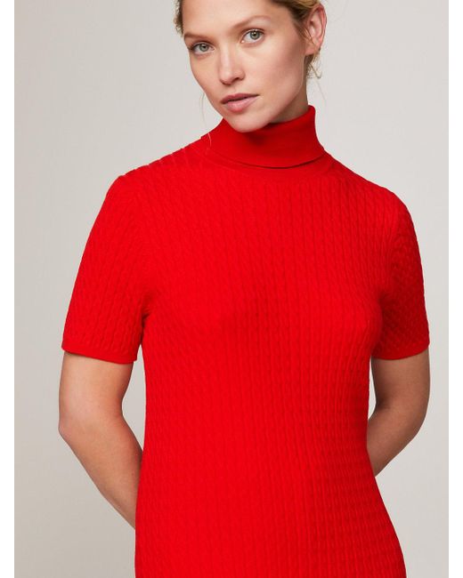 Tommy Hilfiger Red Mini Cable Knit Short Sleeve Sweater Dress