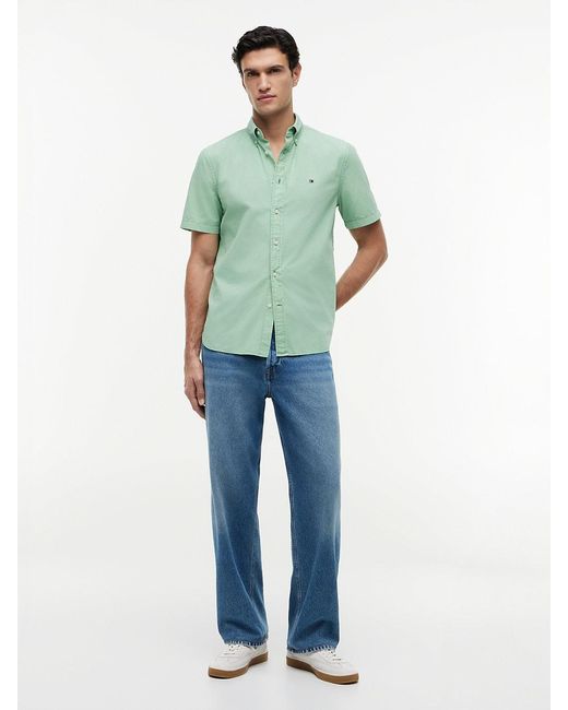 Tommy Hilfiger Green Regular Fit Washed Poplin Short Sleeve Shirt for men