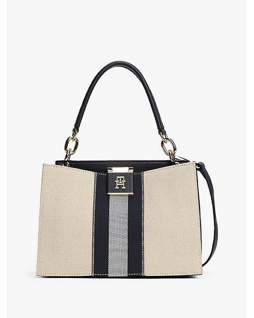Tommy Hilfiger White Gestreifte Tote-Bag Aus Canvas Zum Umhängen