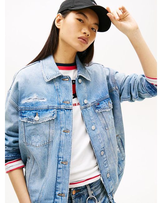Tommy Hilfiger Blue Distressed Oversized Denim Trucker Jacket
