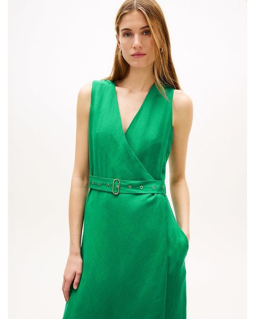 Tommy Hilfiger Green Belted Linen Blend Sleeveless Wrap Midi Dress