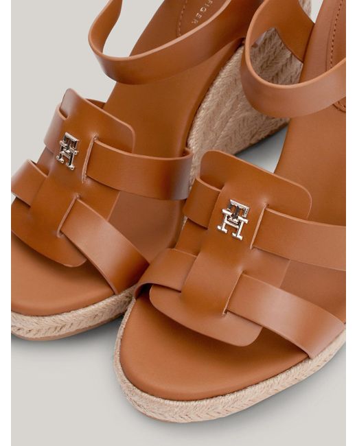 Tommy Hilfiger Brown Leather High Wedge Cage Espadrille Sandals