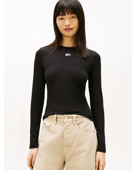 T-Shirt Slim Fit A Maniche Lunghe di Tommy Hilfiger in Black