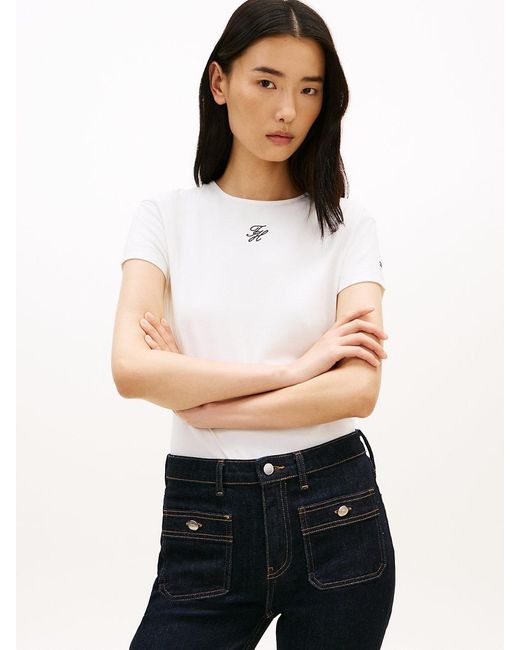 Tommy Hilfiger White Textured Logo Slim Jersey T-Shirt