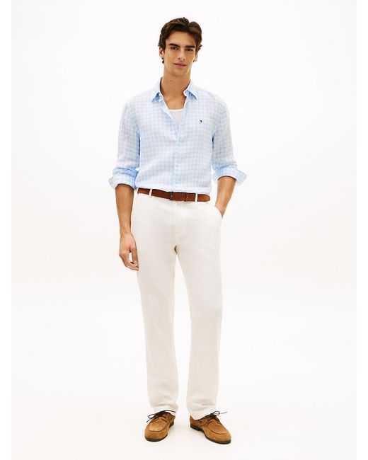 Tommy Hilfiger White Regular Fit Gingham Check Pure Linen Shirt for men