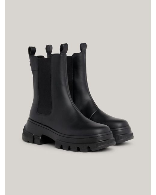 Tommy Hilfiger Black Leather Chunky Cleat Chelsea Boots
