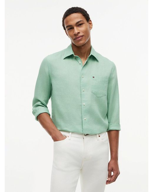 Tommy Hilfiger Green Regular Fit Washed Pure Linen Shirt for men