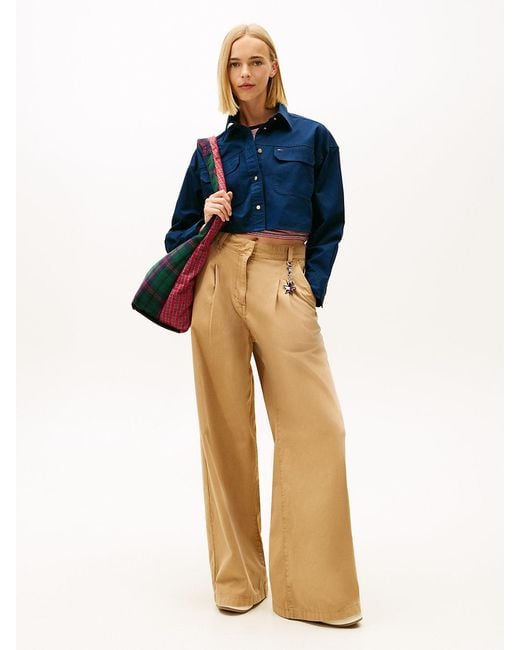 Tommy Hilfiger Blue Oversized Fit Twill Cropped Utility Shirt