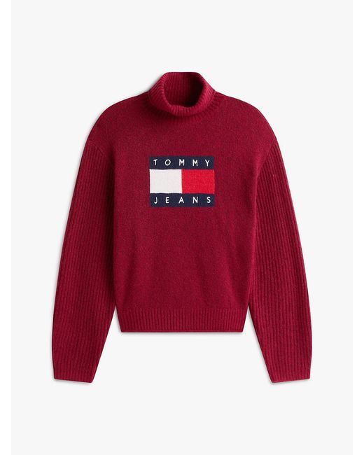 Tommy Hilfiger Red Tommy Flag Intarsia Relaxed Turtleneck Jumper