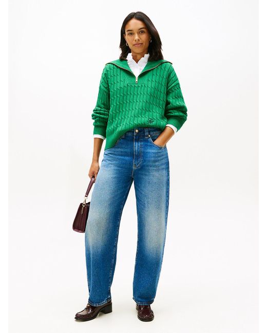 Tommy Hilfiger Green Relaxed Cable Knit Quarter-Zip Jumper
