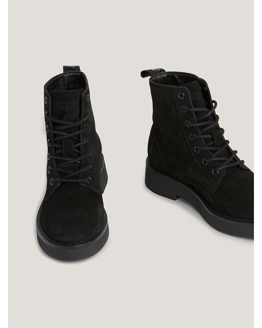 Tommy Hilfiger Black Suede Logo Tape Lace-up Boots