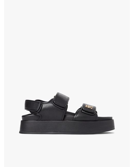 Tommy Hilfiger Black Leather Th Monogram Platform Sandals
